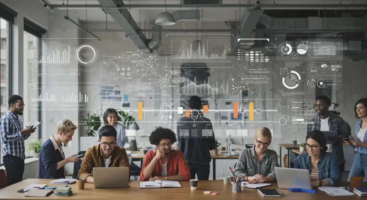 Equipe multifuncional colaborando intensamente em um projeto de desenvolvimento de novos produtos, utilizando ferramentas digitais para gerenciar ideias e estratégias de lançamento.