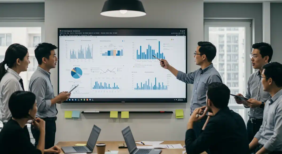 Equipe de marketing digital analisando métricas e KPIs em um quadro branco, discutindo estratégias para otimizar investimentos.