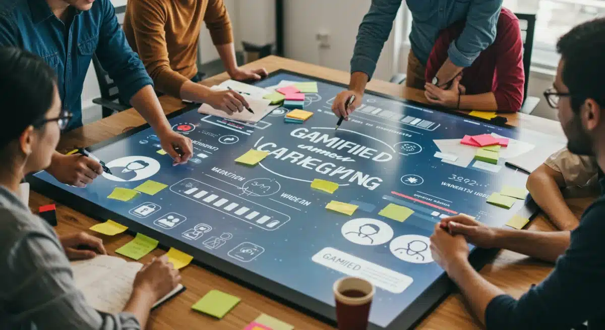 Profissionais de marketing colaborando em uma tela interativa, desenvolvendo uma campanha de marketing gamificada com elementos visuais de jogo e avatares de usuário.