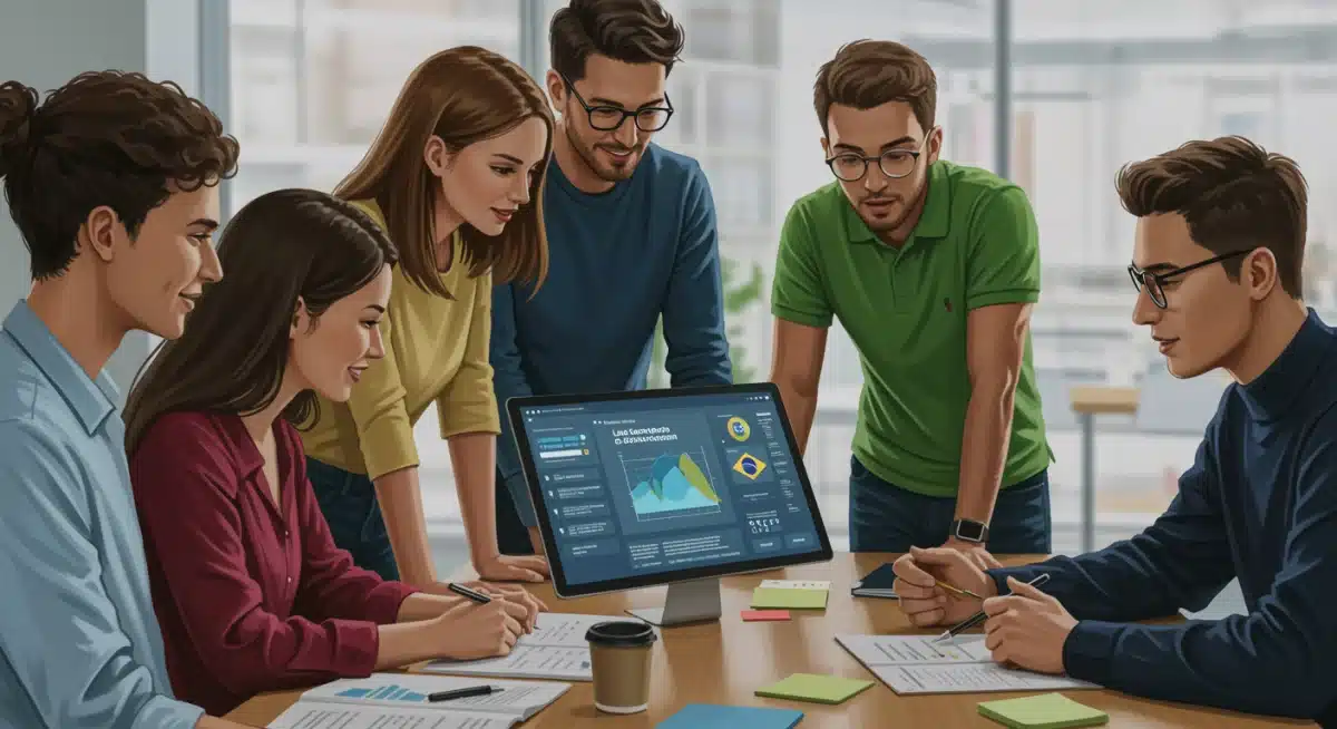 Equipe de marketing colaborando com software de geração de leads no Brasil