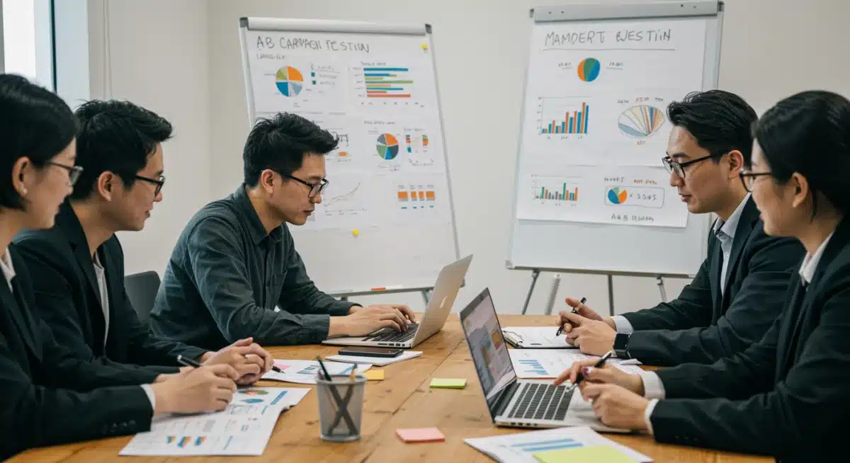 Equipe de marketing colaborando em estratégias de testes A/B e otimização contínua para melhorar o desempenho de campanhas.
