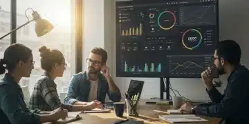 Equipe de PME brasileira analisando dados de SEO em um escritório moderno