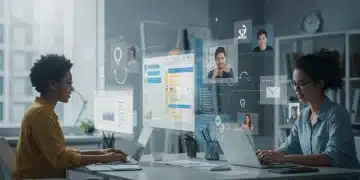 Equipe remota diversa colaborando em projeto digital, utilizando ferramentas de gestão de projetos para aumentar a produtividade.