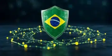Escudo digital futurista protegendo dados, representando a inovação em segurança cibernética no Brasil contra ataques digitais crescentes em 2025.