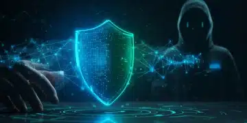 Escudo digital futurista protegendo uma rede de negócios, simbolizando cibersegurança preditiva em 2025.