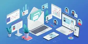 Ilustração digital de estratégias de e-mail marketing 2025 com gráficos, envelopes abertos e avatares de usuários segmentados.