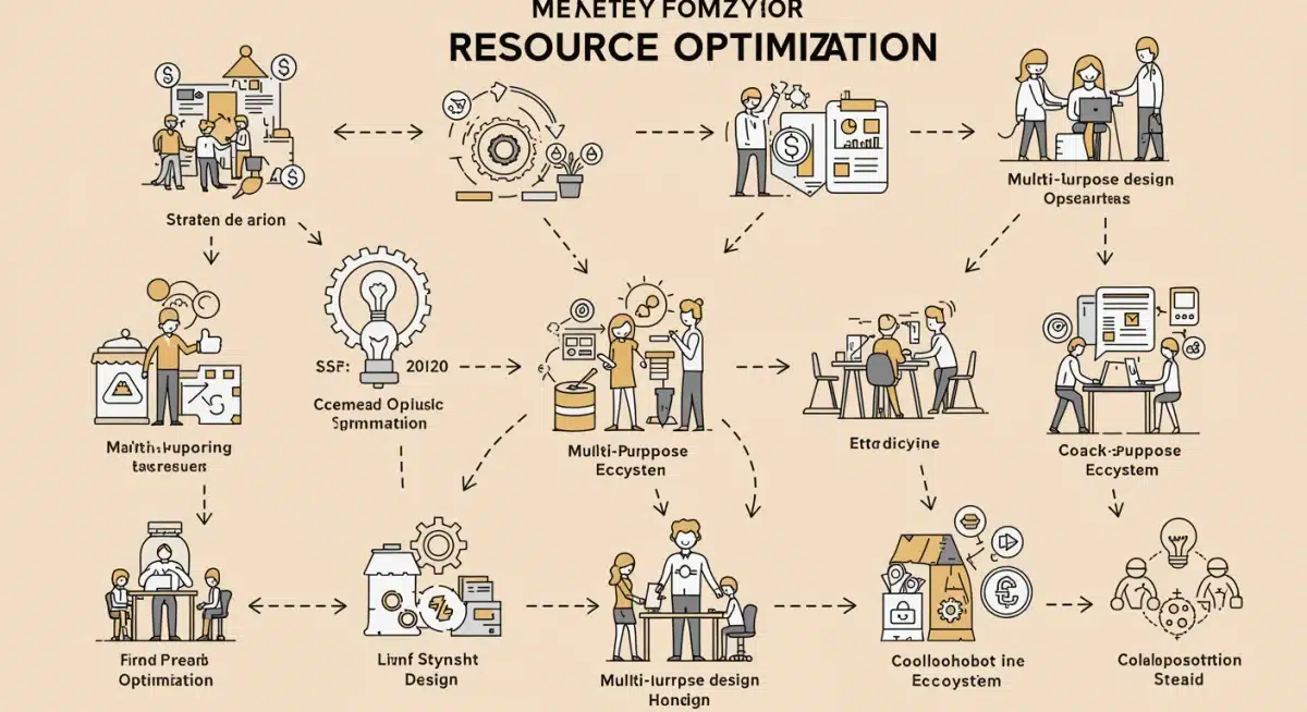 Infográfico detalhado com estratégias de otimização de recursos e colaboração em um ambiente empresarial moderno.