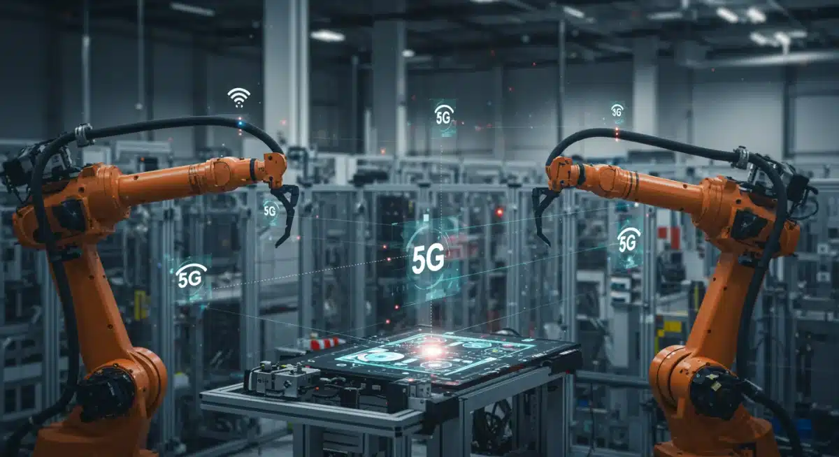 Robôs industriais em uma fábrica automatizada, conectados por tecnologia 5G, demonstrando a inovação na indústria 4.0.