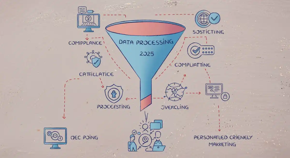 Funil de marketing digital com etapas de coleta e processamento de dados, ilustrando os pontos de conformidade com as novas políticas de privacidade.