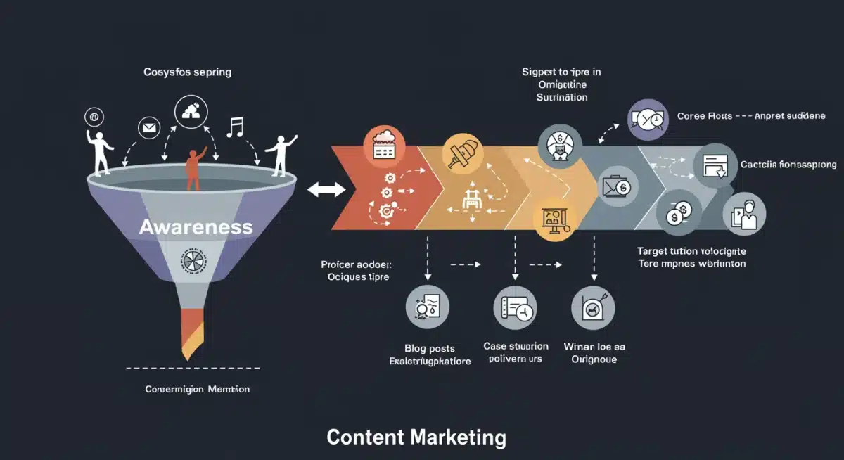 Funil de marketing de conteúdo ilustrando as etapas da jornada do cliente com tipos de conteúdo.