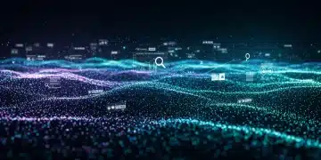 Paisagem digital futurista com dados brilhantes, representando as atualizações do algoritmo de busca em 2025.