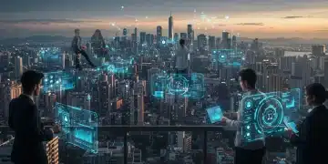 Profissionais interagindo com interfaces de IA em um ambiente futurista, simbolizando inovação e o futuro do trabalho no Brasil.