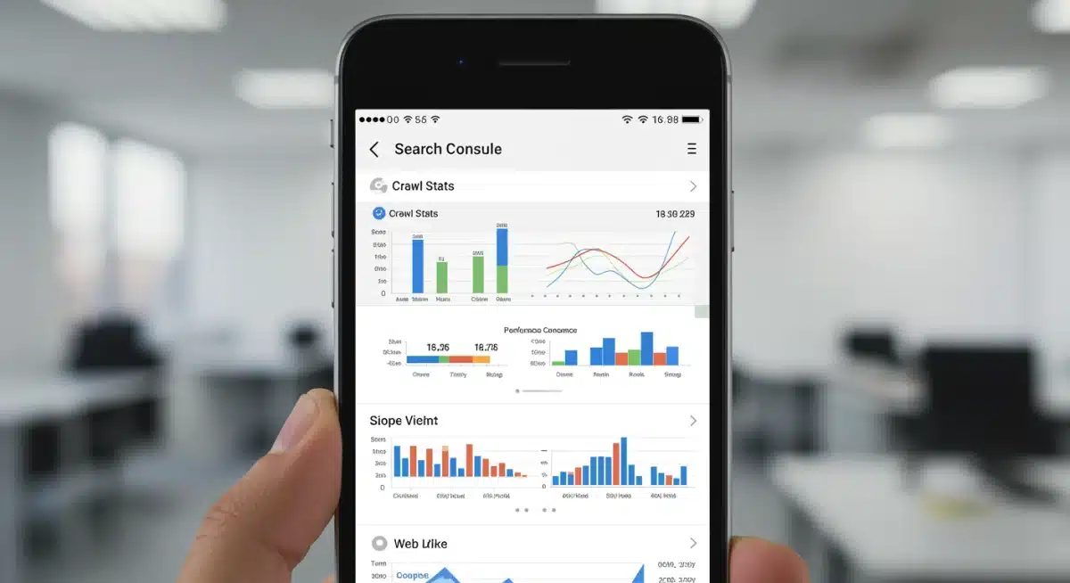 Interface do Google Search Console em um smartphone, exibindo relatórios de desempenho e estatísticas de rastreamento, com foco na usabilidade prática da ferramenta.