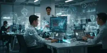 Profissionais colaborando com sistemas de automação inteligente e robôs em um ambiente corporativo futurista, representando a hiperautomação.