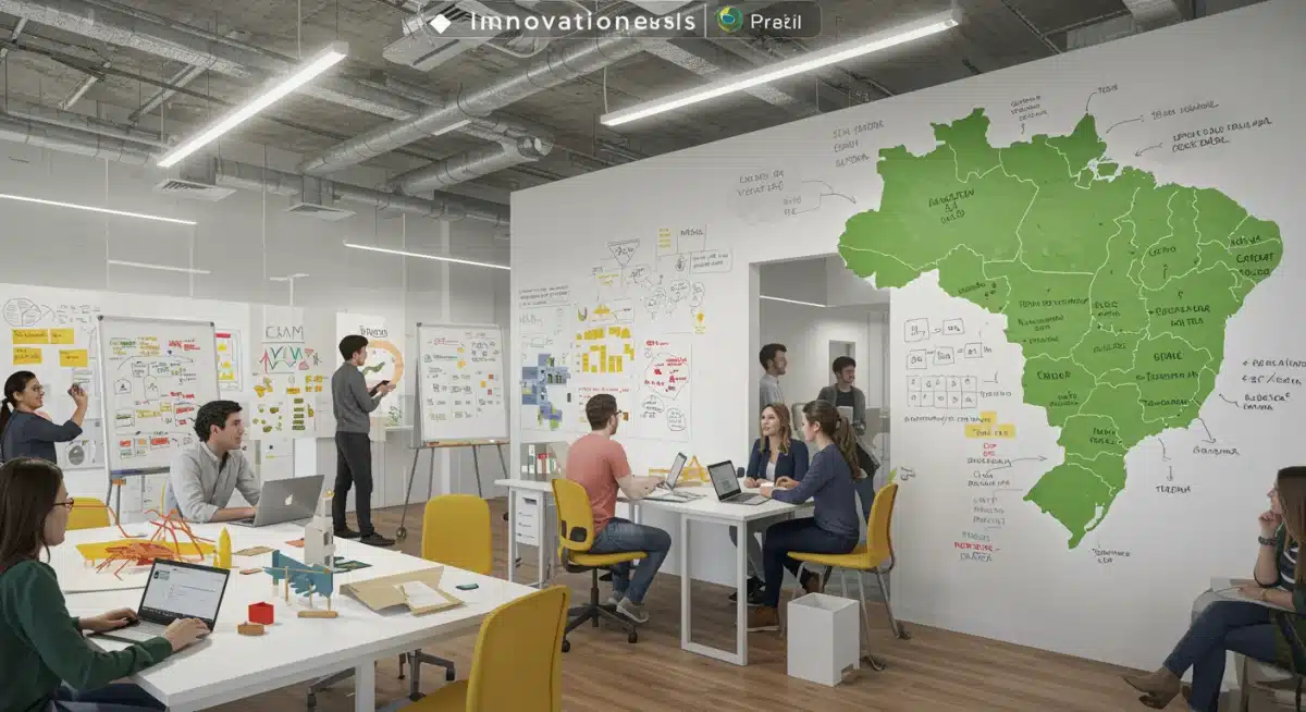 Hub de inovação corporativa com equipes colaborando em projetos no Brasil