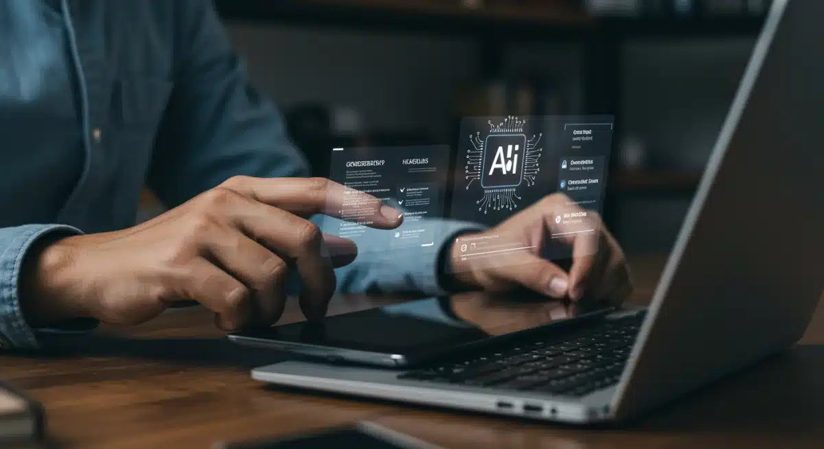 Pessoa utilizando um tablet com ferramenta de criação de conteúdo por inteligência artificial, gerando textos e otimizando para SEO.