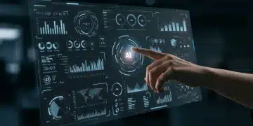 Painel futurista de marketing digital com análises e gráficos gerados por inteligência artificial, destacando otimização e economia de tempo.