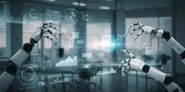 Inteligência Artificial otimizando fluxos de trabalho e análises de dados em um ambiente corporativo moderno.