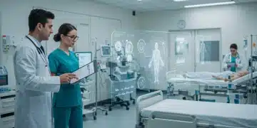 Profissionais de saúde interagindo com sistemas de IA em um hospital moderno no Brasil, mostrando o futuro da medicina brasileira com tecnologia avançada.
