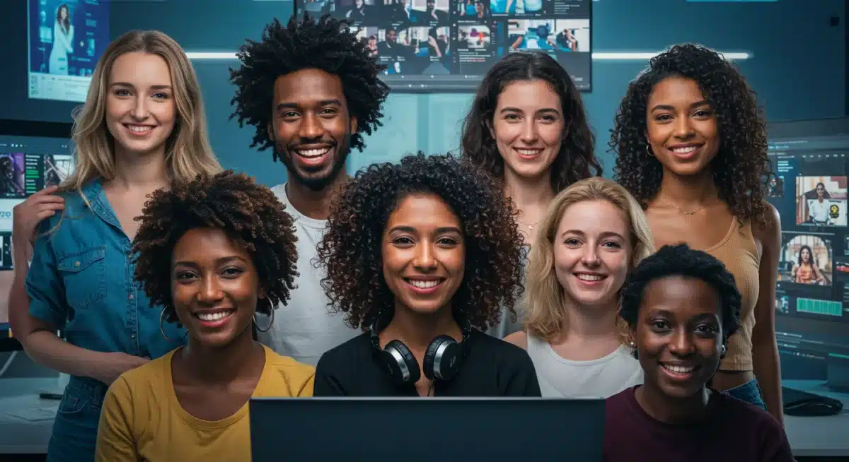 Influenciadores de diversos nichos colaborando em projetos digitais, simbolizando parcerias estratégicas.