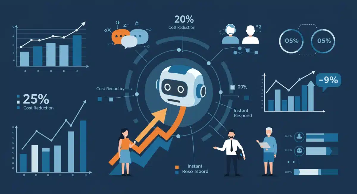 Infográfico mostrando a redução de custos de 20% e a melhoria na resposta imediata com o uso de chatbots inteligentes.