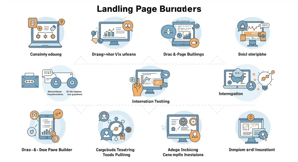 Infográfico comparando funcionalidades essenciais de construtores de landing pages, com ícones e rótulos claros.
