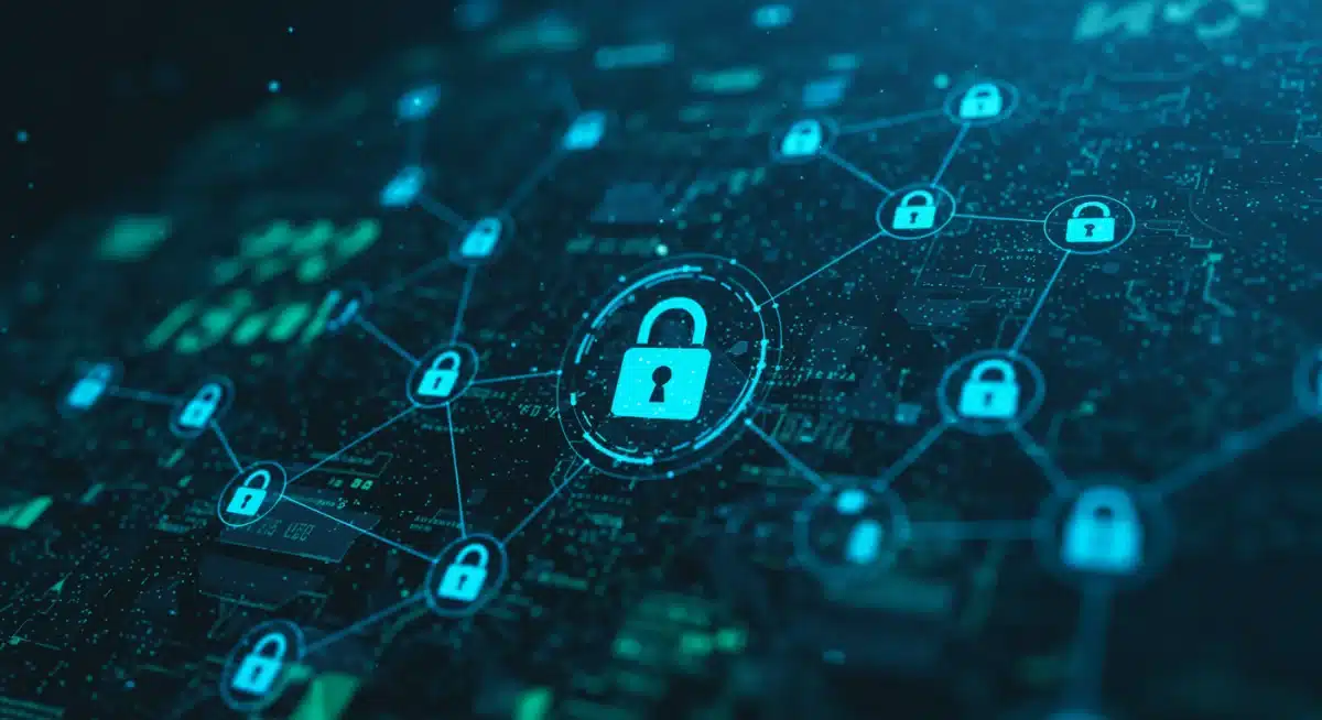 Rede de nós digitais interconectados com um cadeado, simbolizando a infraestrutura robusta de cibersegurança em empresas brasileiras.