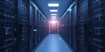 Infraestrutura de nuvem híbrida e multicloud com servidores modernos e conexões digitais.