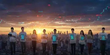 Panorama urbano futurista do Brasil com dados financeiros digitais e profissionais, simbolizando inovação em fintechs.