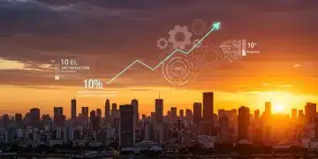 Ilustração digital vibrante de uma cidade brasileira ao pôr do sol com elementos de inovação e otimização de recursos.