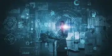 Profissionais de saúde interagindo com tecnologias inovadoras, representando a revolução médica no Brasil