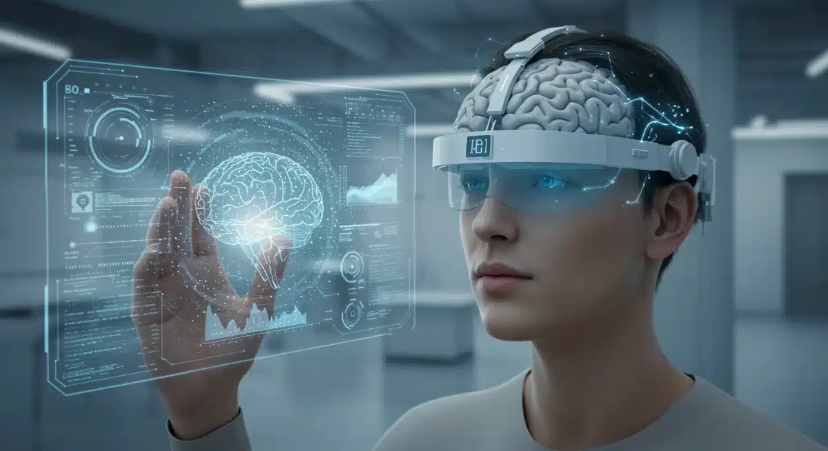 Pessoa utilizando interface cérebro-máquina para interagir com display holográfico