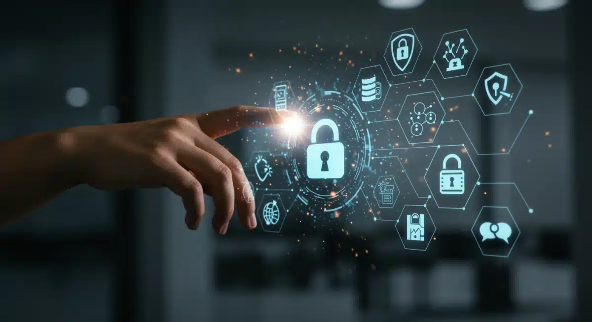 Pessoa interagindo com display holográfico de ferramentas de cibersegurança.