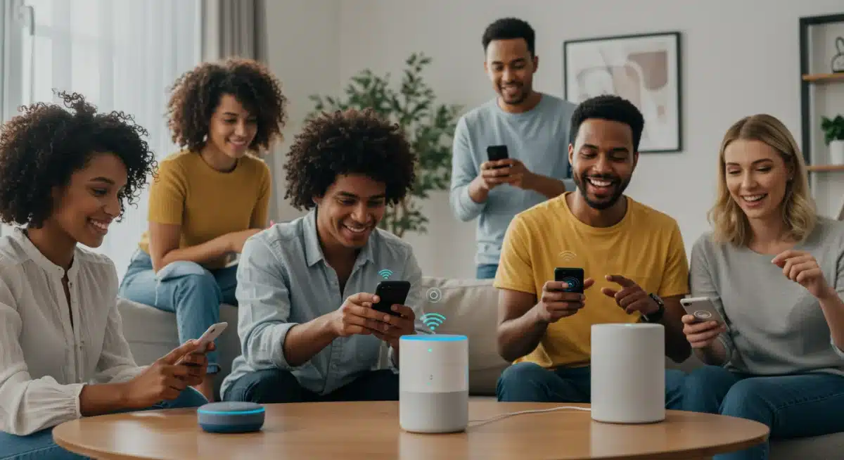 Pessoas interagindo com dispositivos inteligentes usando comandos de voz em um ambiente doméstico moderno.