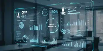 Interface futurista de CRM com dados de clientes e gráficos de retenção