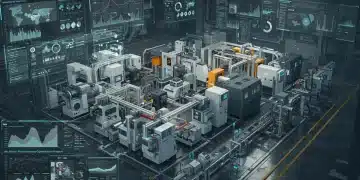 Interface de Digital Twin mostrando uma fábrica virtual com dados em tempo real para otimização.