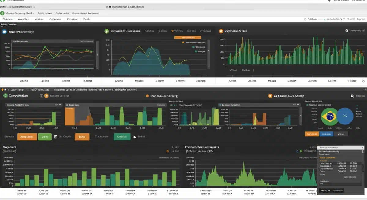 Captura de tela de uma ferramenta de análise de concorrência com dados de palavras-chave, backlinks e tráfego de rivais.