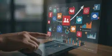 Interface digital com ícones de redes sociais e gráficos de análise, representando ferramentas de gestão de redes sociais e aumento de engajamento.