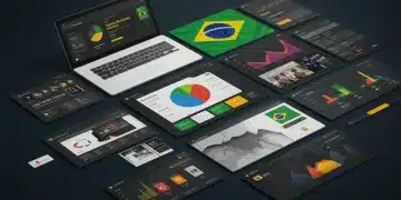 Interface digital colorida com modelos de landing page e gráficos de análise, focada no mercado brasileiro.