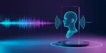 Interface futurista de tecnologia de voz com ondas sonoras e silhueta humana, simbolizando assistentes virtuais.
