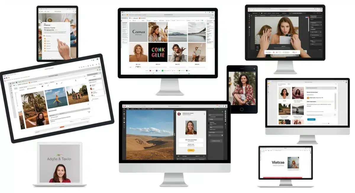 Interfaces de usuário de diversas ferramentas de design gráfico online, destacando facilidade de uso