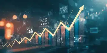 Gráfico ascendente de investimentos em capital de risco e startups de inovação no Brasil, com elementos digitais e representações de crescimento econômico.