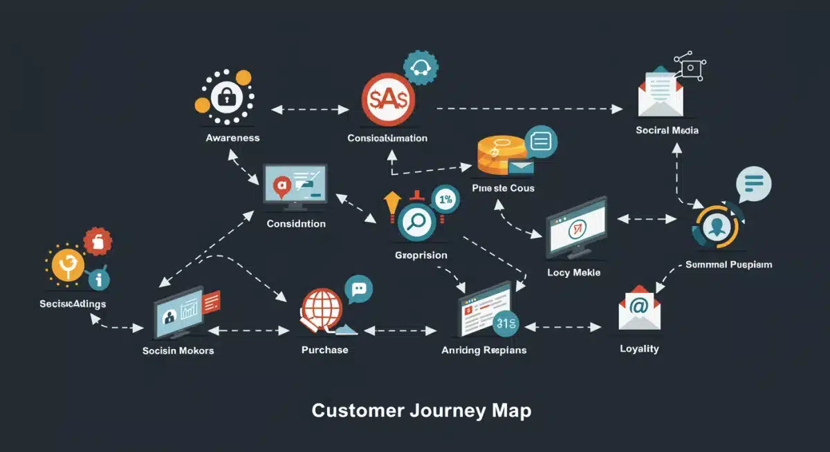 Mapa da jornada do cliente com pontos de contato digitais e estágios de interação.