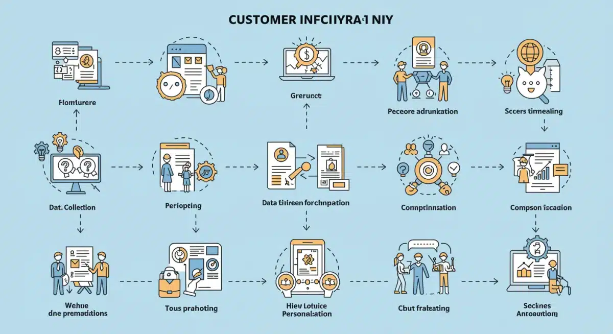 Infográfico detalhado da jornada do cliente com pontos de contato para personalização, mostrando a coleta de dados e interações personalizadas em diferentes canais.