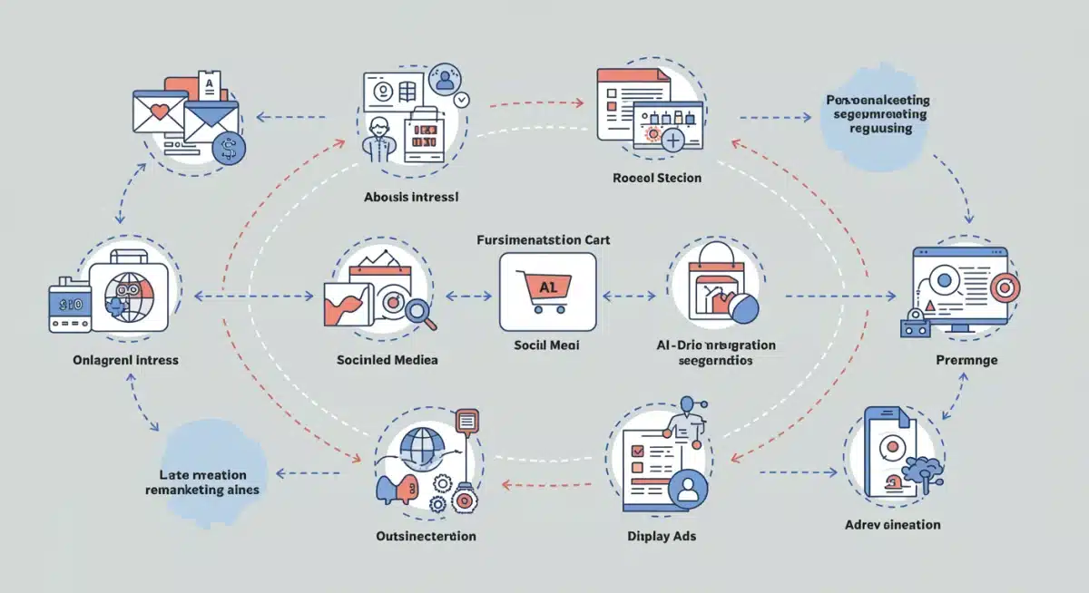 Jornada do cliente com carrinho abandonado e pontos de contato de remarketing e retargeting, ilustrando a recuperação de vendas com personalização.