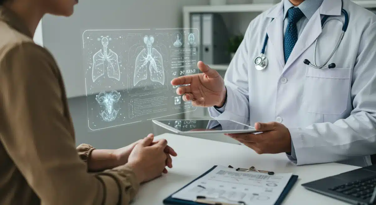Médico brasileiro explicando resultados de exames gerados por IA para um paciente, ilustrando a medicina personalizada.