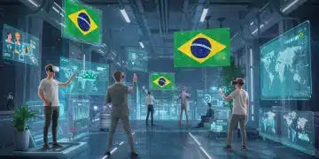 Cidade digital futurista no metaverso com avatares interagindo, simbolizando inovações e oportunidades de negócios no Brasil.