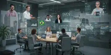 Profissionais interagem em um ambiente de metaverso corporativo futurista, com avatares colaborando em reuniões virtuais e visualizações de dados, simbolizando inovação tecnológica no Brasil.