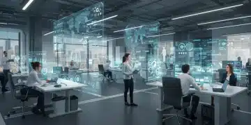 Profissionais brasileiros interagindo em um ambiente de metaverso corporativo futurista, com elementos de realidade virtual e aumentada.