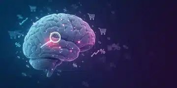 Cérebro com conexões neurais luminosas e elementos de marketing digital, representando o neuromarketing na copy para aumentar cliques.